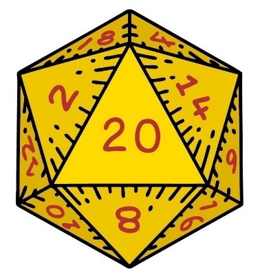 yellow multi-sided dice with numbers on each side.