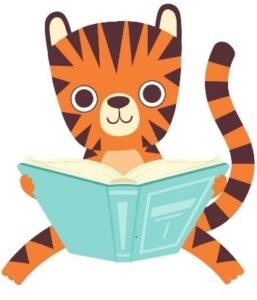 coloured picture of an orange tiger reading a blue book