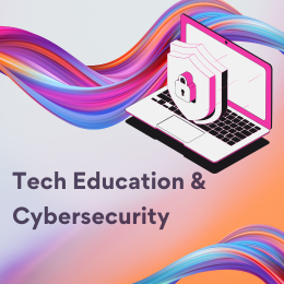 Tech Education and Cybersecurity. Image shows a drawing of an open laptop and a a lock on it.