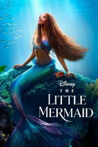 Little mermaid movie image shows a mermaid on top of a rock with flowing hair behind her and looking up towards the sky.