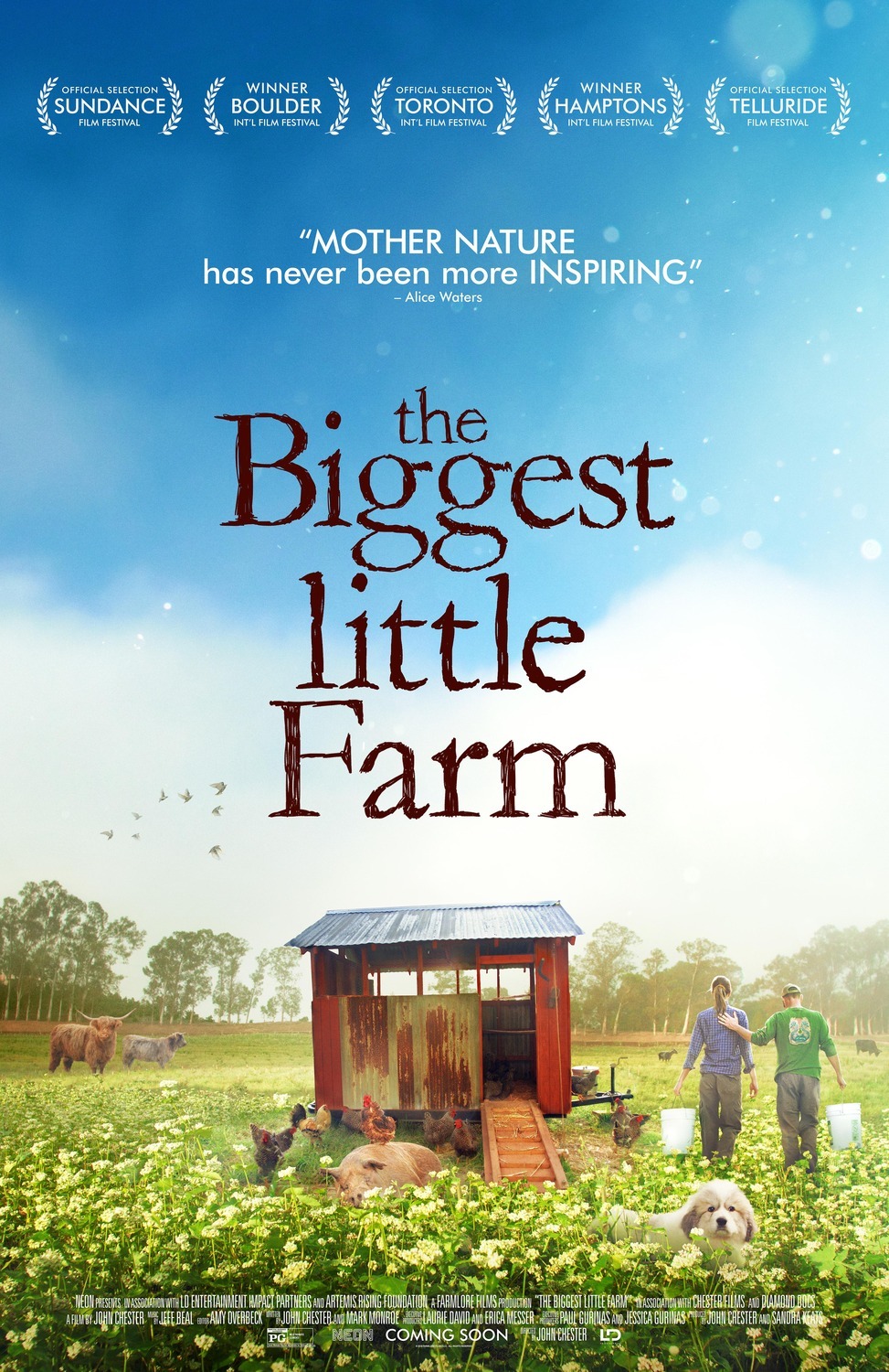 cover of the DVD film The Biggest Little Farm shows the backs of a man and woman walking through a farm field. A dog, two highland cows and chickens next to a red chicken coop.