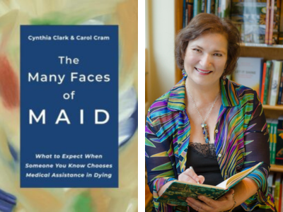 Book cover shows title, The Many Faces of MAID and author Carol Cram headshot. Smiling and holding a pen over an open book.