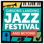 Gibsons Landing Jazz Festival and Beyond logo shows image of microphone, trumpet, keyboard and saxaphone