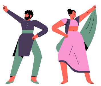 Coloured drawing of a man and woman standing next to each other, facing forward with one hand in the air and the other on their hips, in a dance move.