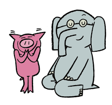 Shows the characters Elephant and Piggy. Elephant is sitting on his knees and smiling and Piggy is holding his hands together joyfully.