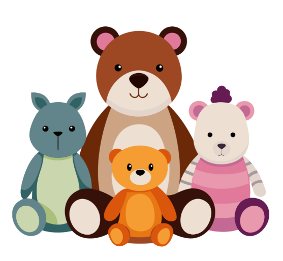 coloured drawing of four stuffed animal teddy bears.