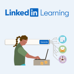 Linked In Learning graphic shows a woman in profile typing on a laptop. In the background above her head, there's a computer search bar with the word 'Generate' on it. Next to that, an envelope icon, a letter icon and a person icon, representing what generative AI can do in creating potential content for the user.