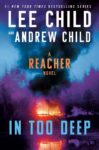 In Too Deep by Lee Child and Andrew Child book cover shows a nightime forest scene with a fire burning in the centre of the forest.