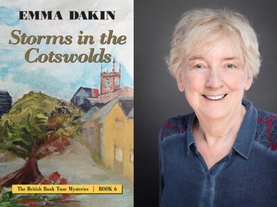 Book cover of Marion Crook's A Storm in the Cotswolds shows a painting of houses with a tree in the forefront. Headshot of a smiling Marion Crook next to the book cover.