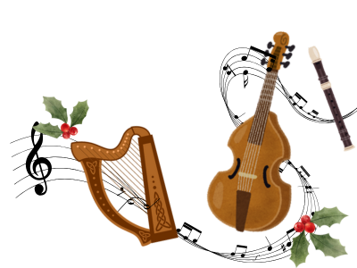 Image shows a harp, a guitar and a recorder with musical notes and holly and berries.