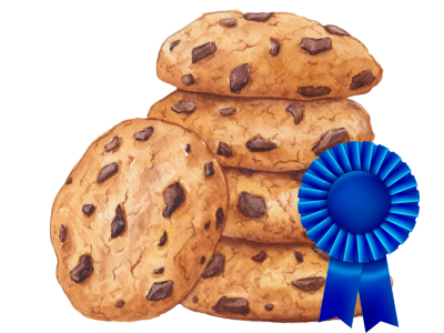 Graphic shows 4 chocolate chip cookies in a stack. One cookie leans against the stack. The stack has a blue ribbon on it.