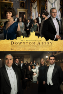 DVD film cover of Downton Abbey shows the aristocratic characters wearing fine jeweled dresses and tuxedos above the words Downton Abbey. Below those words show the house staff wearing their work uniforms. Men in suits and women in their black work dresses. All the characters are facing forward and looking serious.