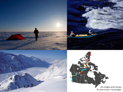 4 photos of winters scenes - a tent on a snowy, sunny day, a snowy mountain peak, 2 people in a kayak on the ocean and a map of Canada.